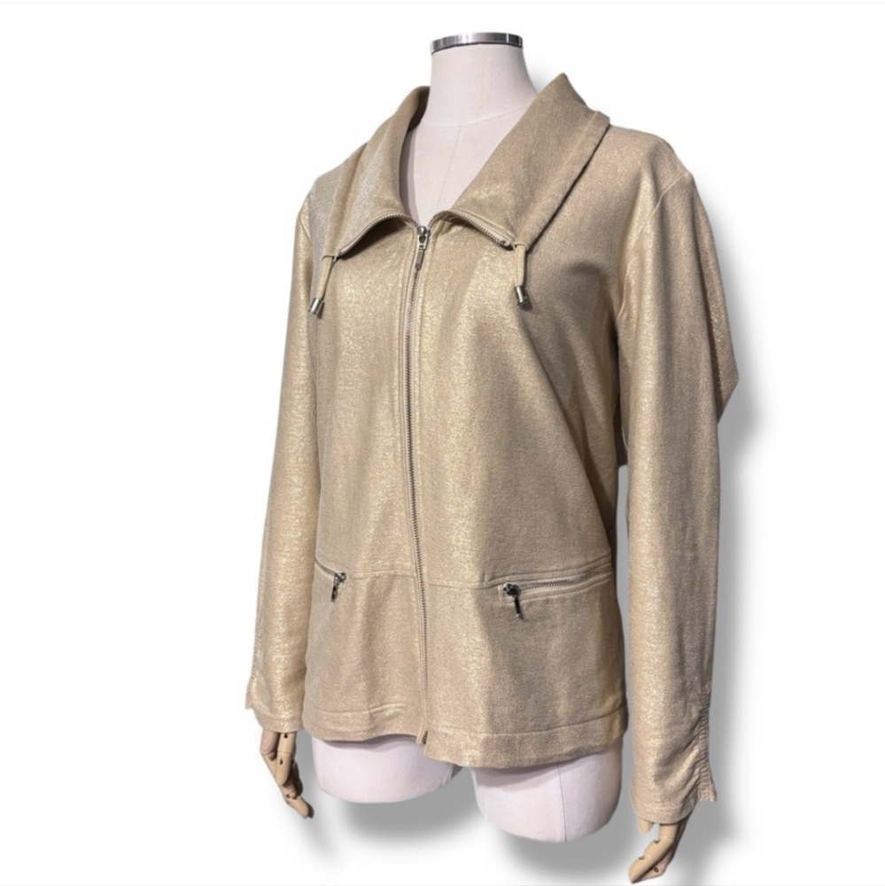 CHICO’S Zenergy Metallic Gold Knit Zip Front Jacket Size 2/Large